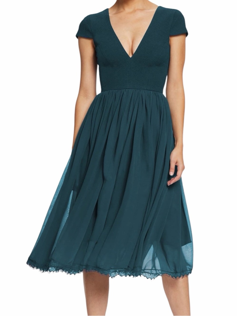 Dress the Population "Corey" Deep Teal Fit & Flare Chiffon V-Neck Midi Dress XL